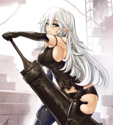 Rule 34 | 1girl, between legs, between thighs, black gloves, black thighhighs, blue eyes, breasts, chain, elbow gloves, gloves, hand on thigh, hinghoi, huge weapon, large breasts, long hair, looking at viewer, mole, mole under mouth, nier (series), nier:automata, phallic symbol, sword, thighhighs, unamused, weapon, white hair, a2 (nier:automata)