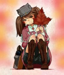 Rule 34 | bag, black skirt, boots, brown hair, commentary request, cross-laced footwear, flat chest, highres, japanese clothes, kantai collection, kariginu, lace-up boots, leaf, magatama, maple leaf, namakura neo, ryuujou (kancolle), skirt, solo, twintails, visor cap