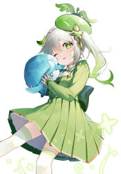 Rule 34 | beret, bow, bowtie, brooch, cross-shaped pupils, cross brooch, dendro slime (genshin impact), dress, eyelashes, fungi (genshin impact), genshin impact, gradient hair, green bow, green bowtie, green dress, green eyes, green hair, green hat, hair between eyes, hair ornament, hat, high ponytail, high side ponytail, highres, holding, jewelry, leaf hair ornament, light blush, long hair, long sleeves, looking at viewer, magic, multicolored hair, nahida (genshin impact), nekomu, one eye closed, open mouth, pleated dress, ponytail, side ponytail, simple background, sleeves past wrists, slime (genshin impact), symbol-shaped pupils, thighhighs, white background, white hair