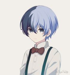 Rule 34 | 1boy, aged down, aoyagi touya, artist name, black hair, blue hair, bow, bowtie, buttons, child, closed mouth, collared shirt, commentary, english commentary, expressionless, grey eyes, hair between eyes, highres, looking at viewer, male focus, mole, mole under eye, multicolored hair, project sekai, red bow, red bowtie, shirt, short hair, sidelocks, solo, sonyaneko, split-color hair, suspenders, two-tone hair, upper body, white background, white shirt