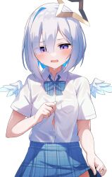 Rule 34 | 1girl, alternate costume, amane kanata, angel wings, asymmetrical bangs, asymmetrical hair, blue hair, blue skirt, blue wings, blush, bob cut, collared shirt, colored inner hair, commentary, cowboy shot, dress shirt, facing viewer, feathered wings, fragir, gradient wings, grey hair, hair over one eye, halo, highres, hololive, looking down, mini wings, multicolored hair, multicolored wings, open mouth, pink hair, plaid, plaid skirt, purple eyes, school uniform, see-through, see-through shirt, shirt, short hair, short sleeves, simple background, single hair intake, skirt, solo, standing, star halo, streaked hair, sweat, sweaty clothes, virtual youtuber, wet, wet clothes, white background, white shirt, white wings, wings, yellow halo