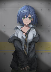 Rule 34 | absurdres, aegisfate, black hoodie, black necktie, blue hair, bra, breasts, chinese commentary, cleavage, commentary, concrete, cowboy shot, darling in the franxx, dress shirt, expressionless, green eyes, grey skirt, hair ornament, hairclip, highres, hood, hoodie, ichigo (darling in the franxx), light frown, looking at viewer, loose necktie, necktie, off shoulder, open clothes, open hoodie, open shirt, partially unbuttoned, pleated skirt, school uniform, shirt, skirt, small breasts, solo, standing, unbuttoned, unbuttoned shirt, underwear, white bra, white shirt, yellow necktie