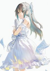 Rule 34 | 1girl, bare shoulders, blue eyes, bow, brown hair, closed mouth, cowboy shot, dress, dress bow, frilled dress, frills, from side, hair between eyes, hair bow, hair ornament, half updo, highres, holding, lips, long hair, looking at viewer, looking to the side, love live!, love live! nijigasaki high school idol club, medium dress, off-shoulder dress, off shoulder, orihi chihiro, osaka shizuku, paper, paper stack, short sleeves, sidelocks, simple background, solo, standing, star (symbol), star hair ornament, white background, white bow, white dress