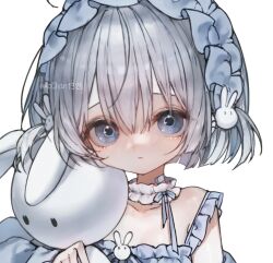 Rule 34 | 1girl, aochan 1325, blue eyes, blush, child, choker, close-up, dress, frilled choker, frilled dress, frilled hairband, frills, frown, grey hair, hair ornament, hairband, holding, holding stuffed toy, looking at viewer, off shoulder, original, rabbit hair ornament, short hair, simple background, solo, stuffed animal, stuffed rabbit, stuffed toy, white background, white dress