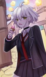 Rule 34 | 1girl, absurdres, ahoge, black choker, blush, choker, collared shirt, eating, fate/grand order, fate (series), food, grey hair, highres, ice cream, jacket, jeanne d&#039;arc alter (avenger) (fate), jeanne d&#039;arc alter (fate), looking at viewer, necktie, official alternate costume, open clothes, open jacket, shirt, short hair, skirt, solo, sweater, user ektz2474, yellow eyes
