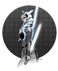 Rule 34 | 1girl, ahsoka tano, alien, animification, armor, belt, blue eyes, bracer, dual wielding, energy sword, from side, haruichi (haruichithm), highres, holding, holding sword, holding weapon, lightsaber, looking at viewer, monochrome, signature, solo, star wars, star wars: rebels, sword, togruta, weapon