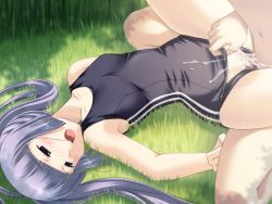 Rule 34 | 1boy, 1girl, blush, censored, clothed female nude male, clothed sex, cum, cum in pussy, cum on clothes, game cg, hetero, nude, open mouth, outdoors, penis, saliva, sex, small breasts, sweat, swimsuit
