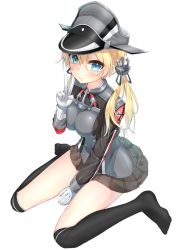 Rule 34 | 10s, 1girl, anchor choker, anchor hair ornament, bad id, bad pixiv id, between legs, black thighhighs, blonde hair, blush, breasts, brown skirt, buttons, choker, closed mouth, cross, from above, full body, gloves, green eyes, grey hat, hair between eyes, hair ornament, hakuishi aoi, hand between legs, hand gesture, hat, iron cross, kantai collection, large breasts, lips, long sleeves, military, military uniform, miniskirt, over-kneehighs, peaked cap, pleated skirt, prinz eugen (kancolle), short hair with long locks, simple background, sitting, skin tight, skirt, smile, solo, spread legs, thighhighs, thighs, twintails, uniform, v, wariza, white background, white gloves