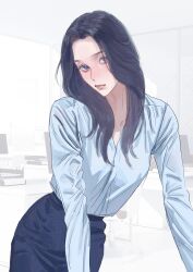 Rule 34 | 1girl, absurdres, black hair, blue eyes, blue skirt, blush, head tilt, highres, indoors, jiangkang meizi, k-pop, leaning forward, long hair, looking at viewer, mina (twice), mole, mole on nose, office, office lady, pencil skirt, real life, shirt tucked in, skirt, solo, twice (group)