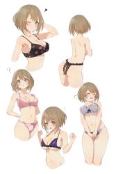 Rule 34 | 1girl, :t, ?, aogiri koukou, aqua eyes, ass, ass cutout, black bra, blue bra, blue panties, bra, breasts, brown hair, butt crack, closed mouth, clothing cutout, from behind, highres, kkix25, kurikoma komaru, large breasts, lingerie, looking at viewer, multiple views, one eye closed, panties, parted lips, pink bra, pink panties, print bra, print panties, purple bra, short hair, simple background, squiggle, topless, trembling, underwear, underwear only, virtual youtuber, white background