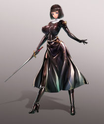 Rule 34 | 1girl, black hair, blue eyes, boots, breasts, covered erect nipples, epaulettes, full body, high heel boots, high heels, holding, holding sword, holding weapon, impossible clothes, large breasts, latex, leotard, nun, original, rapier, rindou (radical dream), shiny clothes, short hair, skin tight, solo, sword, thighhighs, thong leotard, weapon