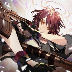 Rule 34 | 1girl, arknights, black gloves, black shirt, closed mouth, commentary, dual wielding, exusiai (arknights), eyes visible through hair, fingerless gloves, gloves, gun, halo, highres, holding, holding gun, holding weapon, hood, hood down, hooded jacket, jacket, looking at viewer, making-of available, nozaki tsubata, open clothes, open jacket, orange eyes, red hair, shirt, short hair, symbol-only commentary, upper body, weapon, white jacket