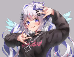 Rule 34 | 1girl, :p, absurdres, amane kanata, angel wings, arm up, black hoodie, blue eyes, blue hair, blush, breasts, chain necklace, choker, colored inner hair, double m/, drawstring, grey background, grey hair, hair ornament, halo, hand up, highres, hololive, hood, hoodie, long hair, looking at viewer, m/, multicolored hair, necklace, o-ring, o-ring choker, pink hair, simple background, solo, star halo, streaked hair, tongue, tongue out, upper body, very long hair, virtual youtuber, wings, x hair ornament, yukikawa sara