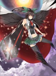 Rule 34 | 1girl, adapted costume, alternate costume, alternate weapon, arm cannon, bad id, bad pixiv id, black hair, black thighhighs, breasts, cape, female focus, hair ribbon, highres, large wings, light particles, long hair, looking at viewer, navel, omega (endsunrise), pleated skirt, ponytail, red eyes, reiuji utsuho, ribbon, shiny clothes, skindentation, skirt, solo, sun, thighhighs, touhou, weapon, wings, zettai ryouiki