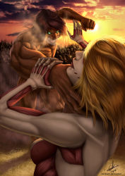 Rule 34 | 1boy, 1girl, angry, annie leonhart, blonde hair, brown hair, eren yeager, female titan, fighting, forest, glowing, glowing eyes, green eyes, highres, muscular, nature, open mouth, rogue titan, shingeki no kyojin, short hair, steam, sun, titan (shingeki no kyojin), tree