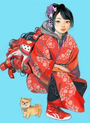 Rule 34 | 1girl, absurdres, black hair, blue background, blue eyes, dog, floral print, flower, hair flower, hair ornament, hand on lap, highres, hood, hoodie, japanese clothes, junjunforever, kimono, multicolored eyes, multicolored hair, original, science fiction, shiba inu, shoes, sneakers, solo, squatting, updo