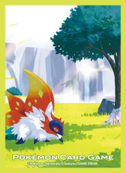 Rule 34 | + +, absurdres, border, commentary request, copyright name, creatures (company), day, falling leaves, from side, game freak, grass, green border, highres, horns, leaf, nintendo, no humans, official art, outdoors, pokemon, pokemon (creature), rock, slither wing, solo, tree, watermark, yellow eyes