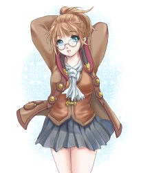 Rule 34 | 1girl, arms behind head, arms up, ascot, adventurer (ff11), blonde hair, blue eyes, breasts, brown coat, brown vest, coat, final fantasy, final fantasy xi, glasses, grey skirt, highres, hume, legs together, long sleeves, medium breasts, miniskirt, open clothes, open coat, parted lips, pink lips, pleated skirt, ponytail, rimless eyewear, round eyewear, sakutsuki, scholar (final fantasy), short hair, skirt, solo, standing, vest, white ascot