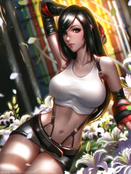 Rule 34 | 1girl, arm at side, arm behind head, arm up, bare shoulders, belt, black gloves, black hair, blouse, breasts, brown eyes, closed mouth, clothes lift, collarbone, cowboy shot, crop top, dress, elbow gloves, elbow pads, final fantasy, final fantasy vii, fingerless gloves, flower, freckles, gloves, groin, jewelry, large breasts, leaf, liang xing, long hair, looking at viewer, microskirt, midriff, miniskirt, navel, nose, panties, patreon username, petals, pink lips, plant, red gloves, shirt, sidelocks, sitting, skirt, skirt lift, sleeveless, sleeveless dress, sleeveless shirt, smile, solo, square enix, stomach, suspenders, swept bangs, tank top, thigh gap, tifa lockhart, underwear, watermark, web address, white flower, white panties, white shirt, yokozuwari