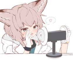 Rule 34 | 1girl, :d, absurdres, ahoge, animal ear fluff, animal ears, arknights, asmr, bad id, bad pixiv id, binaural microphone, black choker, blue eyes, blue shirt, blush, brown hair, choker, chrocatz, commentary request, fox ears, gloves, heart, highres, hood, hood down, hooded jacket, jacket, looking at viewer, microphone, open clothes, open jacket, open mouth, shirt, simple background, smile, solo, spoken heart, sussurro (arknights), sweat, upper body, white background, white gloves, white jacket