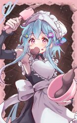 Rule 34 | 1boy, absurdres, alternate costume, apron, arknights, back bow, bare shoulders, black shirt, black skirt, black sleeves, blue hair, blush, border, bow, bowl, candy, chocolate, chocolate heart, cowboy shot, detached sleeves, doily, enmaided, food, hair between eyes, heart, highres, holding, holding bowl, holding spatula, infection monitor (arknights), long hair, long sleeves, looking at viewer, maid, maid headdress, male focus, mizuki (arknights), mouth hold, outside border, pink border, pink eyes, riu kawano, shirt, sidelocks, skirt, solo, spatula, trap, valentine, white apron, white bow