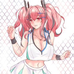 Rule 34 | 1girl, against fence, azur lane, bare shoulders, blush, breasts, bremerton (azur lane), bremerton (scorching-hot training) (azur lane), chain-link fence, cleavage, collarbone, collared shirt, commentary, cowboy shot, crop top, crop top overhang, crossed bangs, fence, grey hair, hair between eyes, hair intakes, hair ornament, hairclip, hands up, heart, heart necklace, jewelry, large breasts, long hair, looking at viewer, midriff, mole, mole on breast, mole under eye, multicolored hair, nail polish, navel, navel piercing, necklace, nick (pix425), parted lips, piercing, pink eyes, pink hair, pink nails, shirt, sidelocks, simple background, skirt, sleeveless, sleeveless shirt, solo, sportswear, standing, streaked hair, sweat, tennis uniform, twintails, two-tone hair, two-tone shirt, two-tone skirt, u30cbu30c3u30af (pixiv1541983), white background, white shirt, white skirt, wristband, x hair ornament