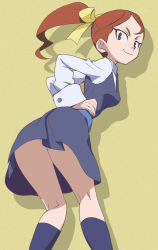 Rule 34 | 1girl, ahoge, ass, beige background, blouse, brown hair, closed mouth, dress, grey eyes, hair ribbon, hands on own hips, hannah england, haruyama kazunori, kneepits, little witch academia, looking at viewer, no panties, pinafore dress, ponytail, ribbon, shirt, simple background, sleeveless dress, smile, socks, solo, standing, thighs, white shirt, yellow ribbon