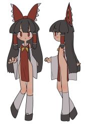 Rule 34 | 1girl, :3, black hair, blue caps bc, blunt bangs, blush, bottomless, bow, chibi, facing viewer, from side, hair bow, hakurei reimu, highres, hime cut, multiple views, pelvic curtain, red eyes, revealing clothes, side slit, sidelocks, socks, solo, touhou, white background, wide sleeves