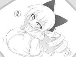 Rule 34 | !, alexi (tits!), breasts, drill hair, hood, hoodie, huge breasts, impossible clothes, impossible shirt, large breasts, looking at viewer, looking up, monochrome, oppai loli, original, shirt, tight clothes, tight shirt, twintails, uni (alexi)