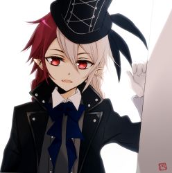 Rule 34 | 10s, 1boy, bow, bowtie, braid, fangs, feathers, gloves, hat, lest karr, long hair, male focus, multicolored hair, open mouth, owari no seraph, pointy ears, red eyes, red hair, solo, tsukimori usako, twin braids, two-tone hair, upper body, white background, white hair