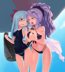 Rule 34 | 10s, 2girls, :d, between breasts, bikini, blue hair, blush, breasts, chandelure, covered erect nipples, creatures (company), game freak, gen 5 pokemon, hair ornament, highres, holding, homura subaru, hydreigon, long hair, medium breasts, multiple girls, navel, nintendo, one-piece swimsuit, open mouth, personification, pokemon, pokemon bw, ponytail, purple hair, red eyes, small breasts, smile, swimsuit, towel, wet, yellow eyes, yuri