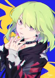 Rule 34 | 1boy, artist name, blonde hair, blush, chromatic aberration, earrings, green hair, highres, hood, jacket, jewelry, lio fotia, looking at viewer, male focus, moegi0926, multicolored nails, nail polish, open mouth, own hands together, promare, purple eyes, simple background, smile, solo