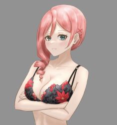 Rule 34 | 1girl, arms under breasts, artist request, bare shoulders, black bra, blush, bra, breasts, cleavage, collarbone, crossed arms, green eyes, lace, lace-trimmed bra, lace trim, large breasts, lingerie, long hair, open mouth, pink hair, shoujo kageki revue starlight, shoujo kageki revue starlight -re live-, side ponytail, solo, tagme, teeth, tsuruhime yachiyo, underwear