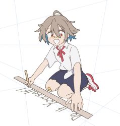 Rule 34 | 1girl, astcd2, bandage on face, bandage on knee, bandages, do it yourself!!, fang, grey hair, highres, measuring stick, open mouth, red eyes, school uniform, shoes, short hair, sitting, yua serufu