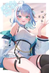 Rule 34 | 1girl, :d, ahoge, bare shoulders, black thighhighs, blue hair, blush, border, breasts, collared dress, commentary, commission, dress, earrings, green eyes, hand up, highres, indie virtual youtuber, jacket, jewelry, kokoku ico, looking at viewer, mahjong, mahjong tile, medium breasts, medium hair, mis705313, multicolored hair, off shoulder, one side up, open mouth, outside border, pink hair, see-through, see-through jacket, short dress, single thighhigh, sitting, skeb commission, sleeveless, sleeveless dress, smile, solo, teeth, thigh strap, thighhighs, two-tone hair, upper teeth only, virtual youtuber, white border, white dress