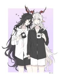 Rule 34 | 2boys, animal ears, arknights, black hair, black shirt, black shorts, border, closed eyes, couple, cowboy shot, cropped legs, cup, ebenholz (arknights), goat boy, goat ears, goat horns, head tilt, highres, holding, holding cup, holding hands, horns, kreide (arknights), long hair, matching outfits, mug, multiple boys, pajamas, purple background, rio (rio773), shirt, shorts, sidelocks, simple background, sleepy, toothbrush, toothbrush in mouth, twitter username, very long hair, white hair, white shirt, white shorts, yaoi, zzz
