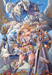 Rule 34 | 1girl, :d, armor, belt, bird, blonde hair, blue eyes, blue sky, breasts, cleavage, cloud, commentary, contrapposto, dragon, feet out of frame, floating hair, frilled skirt, frills, full body, gauntlets, gold trim, hair between eyes, highres, himuro shunsuke, holding, holding sword, holding weapon, knight, large breasts, legs apart, long hair, looking at viewer, navel, open mouth, original, outdoors, outstretched arms, planted, planted sword, planted weapon, sharp teeth, sheath, shoulder armor, skirt, sky, smile, solo, standing, sword, teeth, thighs, upper teeth only, v-shaped eyebrows, very long hair, weapon, western dragon, white bird