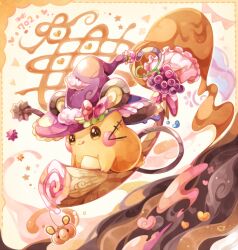 Rule 34 | :q, animal ears, animal focus, blush stickers, border, bow, broom, broom riding, chocolate, chocolate syrup, closed mouth, coco7, creatures (company), dedenne, frilled hat, frills, fur-trimmed headwear, fur trim, game freak, garland (decoration), gen 6 pokemon, green eyes, hat, hat bow, heart, looking ahead, mouse ears, mouse tail, nintendo, no humans, orange border, pink bow, pokemon, pokemon (creature), pokemon mystery dungeon, pumpkin, purple hat, ribbon trim, smile, solo, tail, tongue, tongue out, whiskers, white background, witch hat