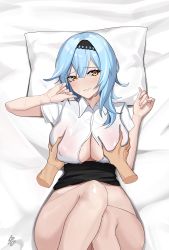 Rule 34 | 1girl, absurdres, bed sheet, blue hair, grabbing another&#039;s breast, breasts, cleavage, eula (genshin impact), genshin impact, grabbing, guii ii, highres, large breasts, looking at viewer, lying, on back, pillow, smile, sweat, yellow eyes
