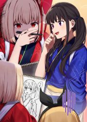Rule 34 | 3girls, black hair, blonde hair, blue kimono, bob cut, bow, covering own mouth, drawing, hair ribbon, highres, holding, holding pen, inoue takina, japanese clothes, kimono, kurumi (lycoris recoil), long hair, lycoris recoil, multiple girls, multiple views, nishikigi chisato, open mouth, paperca-ke, pen, purple eyes, red eyes, red kimono, red ribbon, ribbon, short hair, teeth, twintails, upper teeth only, waist bow, yellow bow