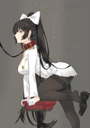 Rule 34 | 1girl, arm support, azur lane, bdsm, black footwear, black hair, black pantyhose, bow, breasts, brown eyes, collar, from side, gloves, grey background, hair bow, large breasts, leaning forward, leash, leg up, loafers, long hair, long sleeves, military, military uniform, miniskirt, neko (ganecooo), pantyhose, parted bangs, pleated skirt, ponytail, profile, shoe dangle, shoes, simple background, skirt, slave, smile, solo, stool, takao (azur lane), thighband pantyhose, uniform, very long hair, white bow, white gloves, white skirt