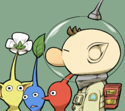 Rule 34 | 1boy, backpack, bag, big nose, black eyes, blue pikmin, blue skin, brown hair, buttons, closed eyes, colored skin, commentary request, flower, from side, green background, helmet, leaf, naru (wish field), nintendo, no mouth, olimar, patch, pikmin (creature), pikmin (series), pointy ears, pointy nose, radio antenna, red bag, red pikmin, red skin, short hair, space helmet, spacesuit, triangle mouth, upper body, very short hair, white flower, yellow pikmin, yellow skin