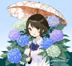Rule 34 | 1girl, absurdres, artist name, blue background, blue bow, blue bowtie, blue flower, blush, bow, bowtie, bra, bra visible through clothes, brown hair, collared shirt, commentary request, dated, floral print, flower, flower request, green flower, hanae haruka, hand up, highres, hydrangea, leaf, looking at viewer, open collar, open mouth, orange umbrella, original, pink bra, plant, print umbrella, purple flower, rain, shirt, short hair, smile, solo, striped bow, striped bowtie, striped clothes, umbrella, underwear, upper body, white shirt