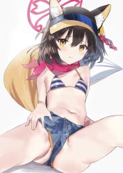 Rule 34 | 1girl, animal ear fluff, animal ears, bad id, bad twitter id, bikini, bikini under clothes, blue archive, blush, breasts, brown hair, chikoku, closed mouth, denim, denim shorts, fox ears, fox girl, fox tail, halo, hat, highres, izuna (blue archive), izuna (swimsuit) (blue archive), looking at viewer, scarf, short shorts, shorts, simple background, sitting, small breasts, solo, spread legs, striped bikini, striped clothes, swimsuit, tail, visor cap