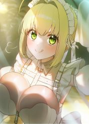 Rule 34 | 1girl, absurdres, adapted costume, against glass, ahoge, bad id, bad twitter id, bare shoulders, blonde hair, blush, breast press, breasts, cleavage, elbow gloves, fate/extra, fate/extra ccc, fate/grand order, fate (series), gloves, green eyes, hair between eyes, hair intakes, highres, large breasts, leotard, licking lips, long hair, looking at viewer, maid headdress, nero claudius (bride) (fate), nero claudius (fate), nero claudius (fate) (all), smile, solo, tongue, tongue out, white gloves, white leotard, yayoi maka, zipper, zipper pull tab
