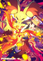 Rule 34 | 1girl, animal ear fluff, bare arms, black thighhighs, blurry, blush, brown eyes, brown hair, collared shirt, commentary request, copyright name, creatures (company), delphox, eyelashes, eyewear on headwear, fire, game freak, gen 6 pokemon, hat, long hair, nintendo, open mouth, pleated skirt, pokemon, pokemon (creature), pokemon xy, pon yui, red headwear, red skirt, serena (pokemon), shirt, skirt, sleeveless, sleeveless shirt, smile, sunglasses, thighhighs, tongue, white-framed eyewear