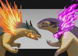 Rule 34 | 2others, alternate form, angry, breath weapon, breathing fire, claws, commentary request, creatures (company), eye contact, fire, from side, futena goze, game freak, gen 2 pokemon, grey background, grin, highres, hisuian typhlosion, letterboxed, looking at another, multiple others, nintendo, no humans, open mouth, pink fire, pokemon, pokemon (creature), revision, sharp teeth, simple background, smile, teeth, tongue, typhlosion