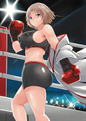 Rule 34 | 1girl, artist request, ass, boxing, boxing gloves, boxing ring, looking back, original, short hair, smile, tagme