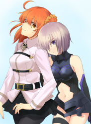 Rule 34 | 2girls, ahoge, arms at sides, bad id, bad pixiv id, bare shoulders, belt, belt bra, black gloves, black leotard, black pantyhose, blue background, blue eyes, bodysuit, breasts, buckle, closed mouth, clothing cutout, collared shirt, cowboy shot, cropped jacket, elbow gloves, expressionless, fate/grand order, fate (series), from side, frown, fujimaru ritsuka (female), gloves, gorget, hair between eyes, hair ornament, hair over one eye, hair scrunchie, halterneck, head on another&#039;s shoulder, head tilt, highres, hip focus, impossible clothes, impossible leotard, jacket, legs together, leotard, light smile, long sleeves, looking at viewer, looking down, mash kyrielight, medium breasts, miniskirt, multiple girls, navel, navel cutout, one side up, orange hair, pantyhose, pleated skirt, purple eyes, purple hair, scrunchie, shirt, short hair, silver hair, simple background, single thighhigh, skirt, smile, thigh gap, thigh strap, thighhighs, turtleneck, usanagi, white jacket, white shirt, yellow eyes