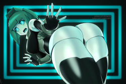 Rule 34 | android, ass, blue eyes, breasts, bush, embarrassed, green hair, lindaroze, looking at viewer, mechanical legs, metallic breasts, open mouth, original, patreon username, reaching, reaching towards viewer, robot, robot girl, twitter username, ventilation shaft